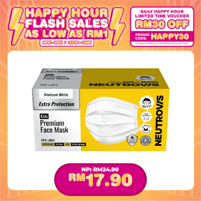 (HAPPY HOUR) NEUTROVIS DISPOSABLE FACE MASK 4 PLY 30'S (KIDS) - WHITE  